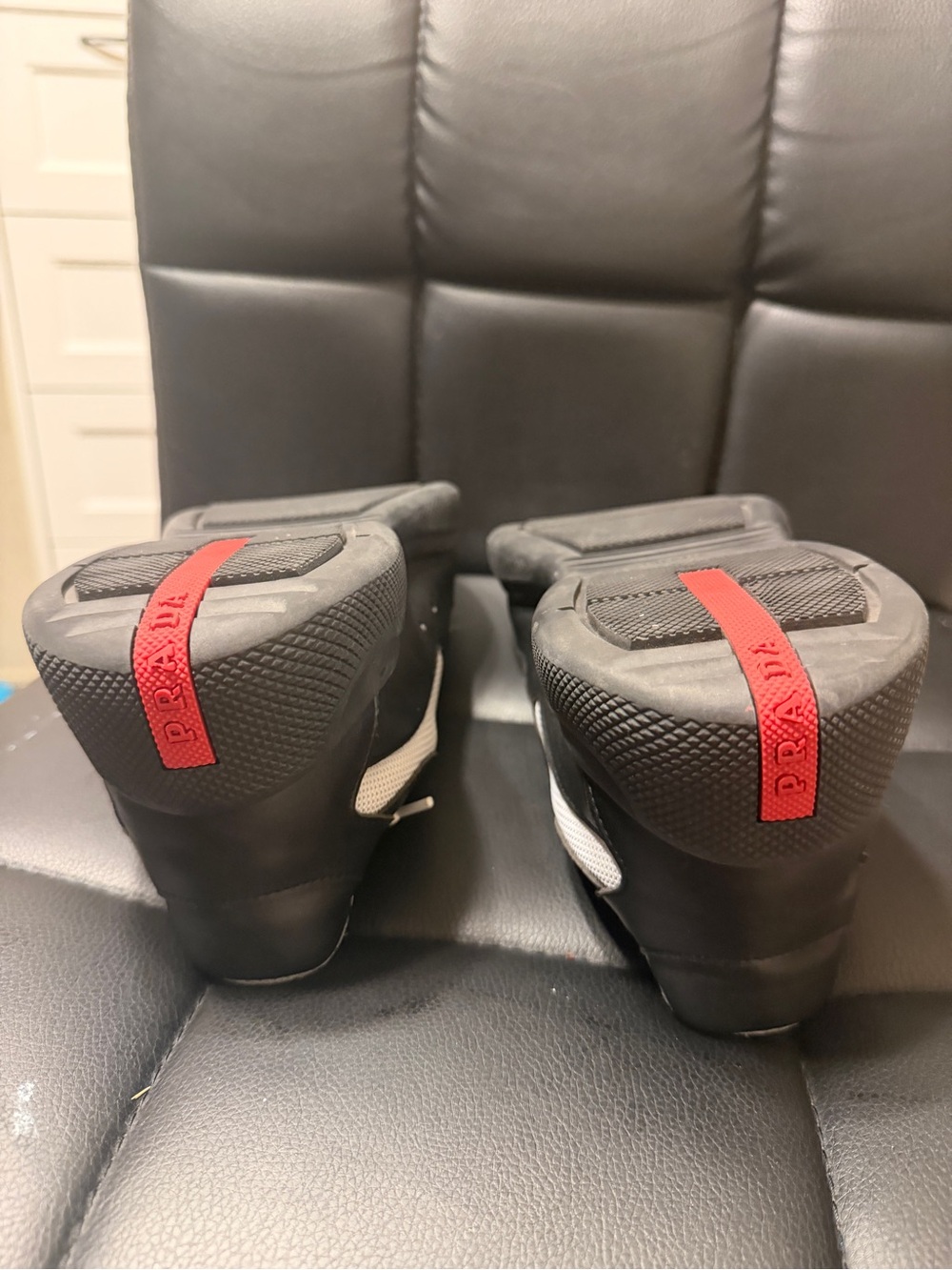 Prada Black Platform Sandals with Red Logo Tabs